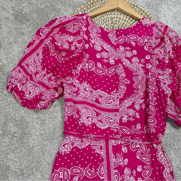 Ann Taylor Bandana Paisley Wrap Maxi Dress V-Neck Shortsleeve Hi-Low Pink Boho 8 - Picture 8 of 15